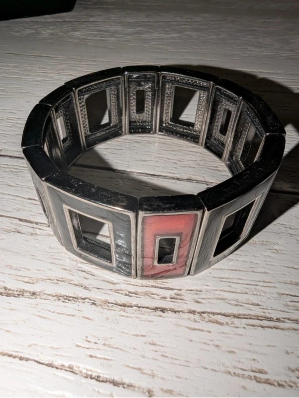 Lia Sophia Black, Gray, & Red Enamel Stretch Bracelet S 6.5-7